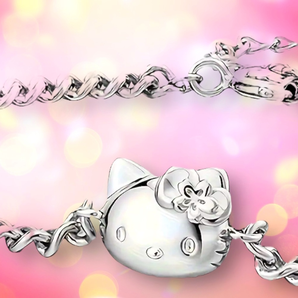 🆕 Hello Kitty Charm Decor Chain Bracelet, 3D Cat Charm, Simple Rhinestone 😻